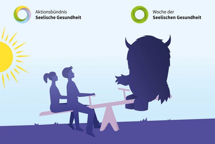 Ein paar sitzt auf einer Wippe einem großen, dunklen, schweren Monster gegenüber. 