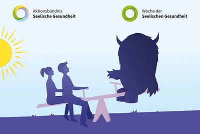 Ein paar sitzt auf einer Wippe einem großen, dunklen, schweren Monster gegenüber. 
