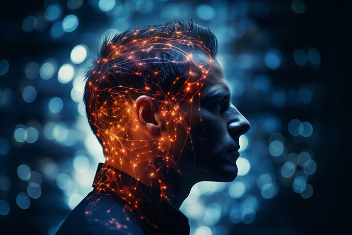 Auf die seitliche Silhoutte eines Mannes sind orangefarbene Datenpunkte projiziert.  vor 
