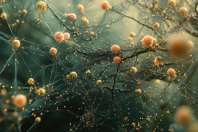 Visualisierung künstlicher Intelligenz, die miteinander verbundene neuronale Bahnen und Datenschichten in einem digitalen Netzwerk zeigt 