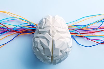 Illustrative image for EKT: A paper model of a brain, with colored cables running along the underside from both sides.